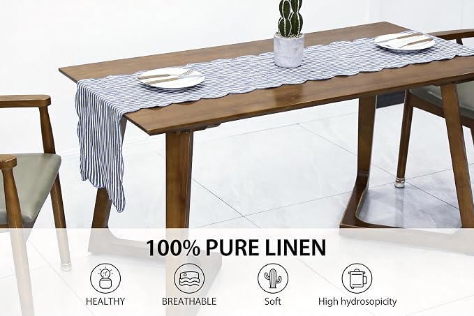 100% Natural Linen Rustic Scalloped Embroidery Table Runner 48 Inches, Linen - Image 2