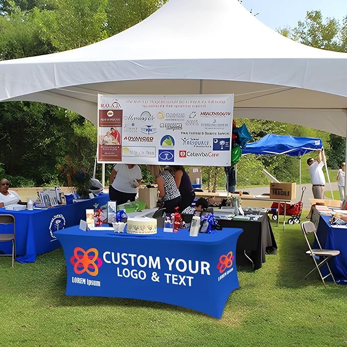 Personalized Table Cloth with Logo Image Customized Tablecloth 4FT/5FT/6FT/8FT Spandex Customized Table Cover Promotional Business Tradeshow Events Birthday Party Wedding (8FT Spandex(Closed back))