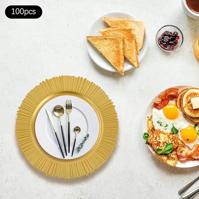 100 Pcs Charger Plates Set, Round Charger Plates, Reusable Serving Plates Embossed Rim Plastic Chargers Plate Decorative Round Plate Chargers