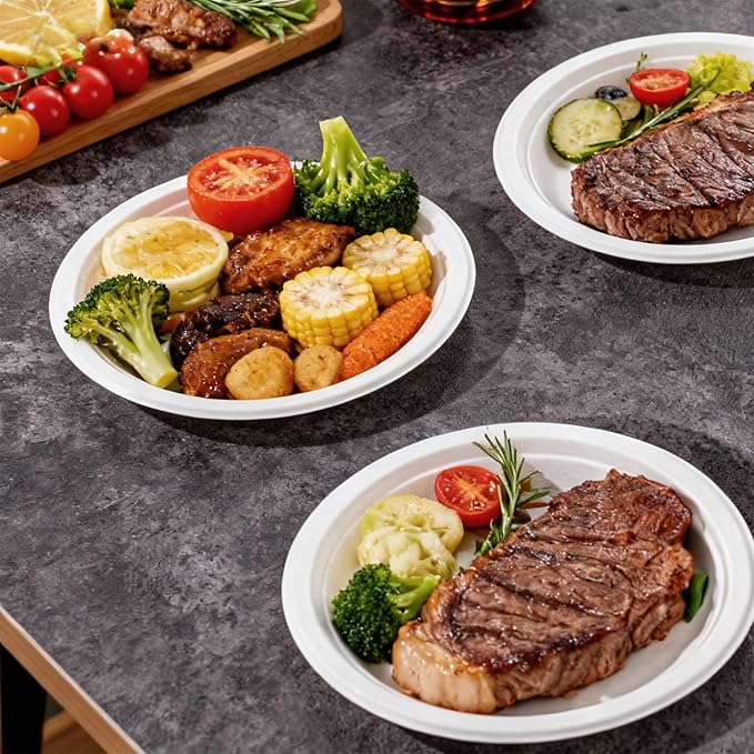 DaYammi 100% Compostable Paper Plates 7 Inch, 60-Pack Heavy Duty Paper Plates Bulk,Biodegradable Bagasse,Eco-Friendly Disposable Dessert Plate for BBQ,Picnic,Party (BPI Certified,Microwaveable)