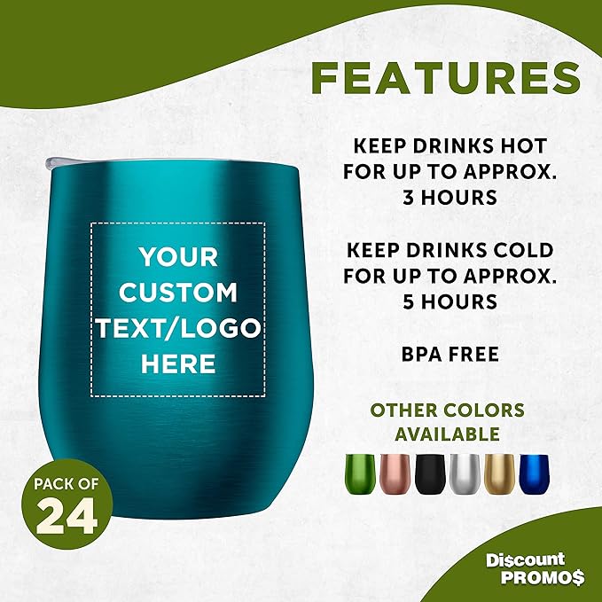 Custom Stemless Wine Glass Tumblers with Lids by Largo 11 oz. Set of 24, Personalized Bulk Pack - Perfect for Wine, Cocktails, Other Hot & Cold Beverages - Teal