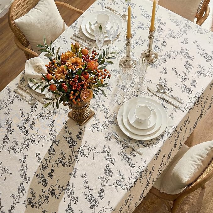 jinchan Black Farmhouse Floral Linen Square Table Cloth 52 x 52 Inch | Vintage by JINCHAN