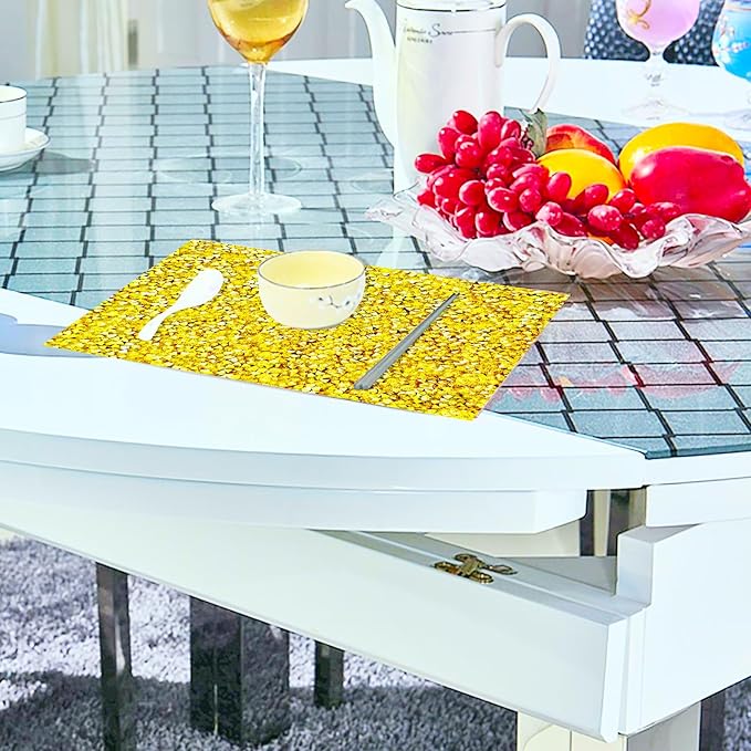 Gold Placemats Gold Heat Resistant Mat Square Placemats Trivets Rhinestone Decor Place Mat Crushed Diamond Decor Bling Sparkly Mat Set of 4
