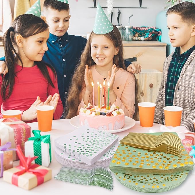Serve 35 Guests Sage Green and Gold Party Supplies,7 Inch Disposable Sage Green Dessert Paper Plates and Napkins for Wedding Birthday Party