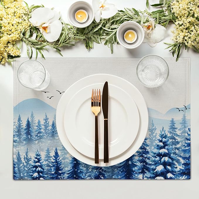 Winter Placemats Set of 4 - Blue Watercolor Xmas Tree Place Mats 12x18 Table Mats White Snow Forest Kitchen Mats for Party Dining Table