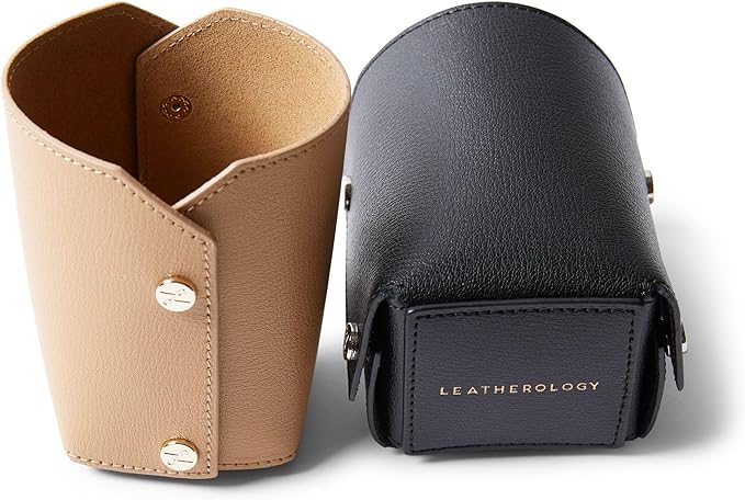 Leatherology Premium Tan Modern Pencil Cup – Leather Desk Organizer with Snap Construction, Lays Flat for Travel, Minimalist Portable Design with Suede Interior