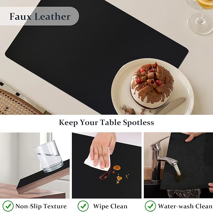 FROMHEART Faux Leather Placemats Set of 4–Waterproof,Heat/Oil Stain-Resistant PU Table Mat–Reversible,Non-Slip,Easy to Clean Place Mats for Kitchen,Dining,Indoor/Outdoor,(Black,11.8" x 17")