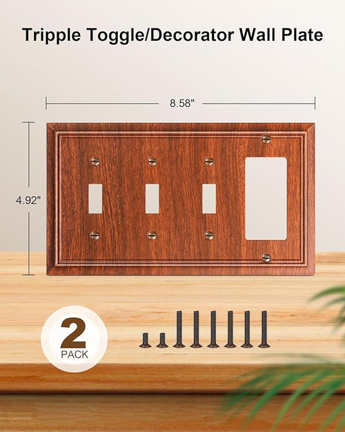 2-Pack Combo Tripple Toggle/Decorator Outlet Cover Plate, Wood Grain Decorative Switch Plates and Outlet Covers, Durable Natural Bamboo Fiber Wall Plates for Electrical Outlet, Receptacle, GFCI Outlet