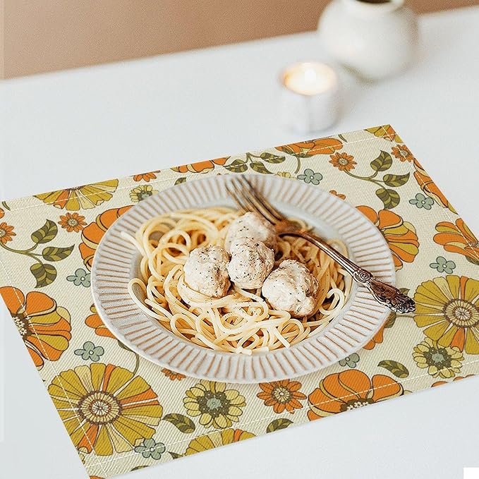 Vintage Boho Plant Floral Placemats，60S 70S Groovy Table Mats for Kitchen Decor Dinner Indoor Retro Hippie Floral Decoration Table Mats Placemat 18"x12" 6 PCS