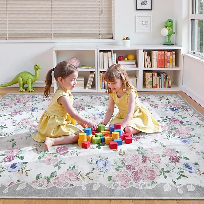 Lahome Purple Floral 5x7 Area Rugs, Boho Rugs for Bedroom Girls,Vintage Living Room Rug Non Slip Low Pile Ultra-Thin Large Carpet for Farmhouse,Dining Room,Kids Playroom,Nursery(5'X7',Purple/Grey)