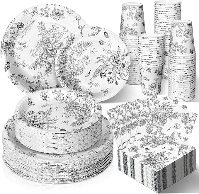 250 Pcs Black Disposable Plates and Napkins Floral Tableware Set by Dandat