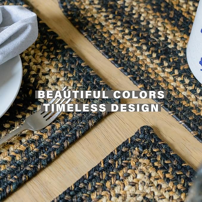 Homespice Kilimanjaro Premium Jute Braided Placemat Set of 4 Oval 10x15 Black Reversible, Natural Jute Yarn Rustic, Country, Primitive, Farmhouse Style