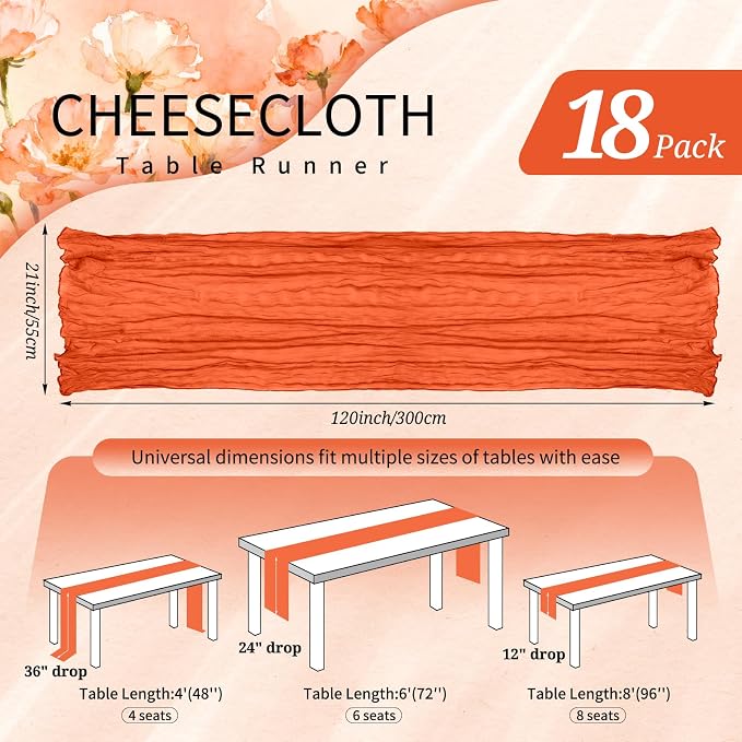 18 Pack Cheesecloth Table Runner 10FT Orange Table Runner Boho Gauze Cheese - Image 2