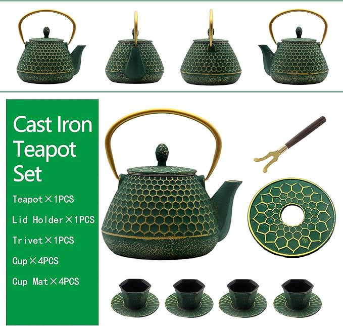 YJX Cast Iron Teapot and Tea Cups Set, 33.8oz Hexagon Pattern Tea Set - Image 6