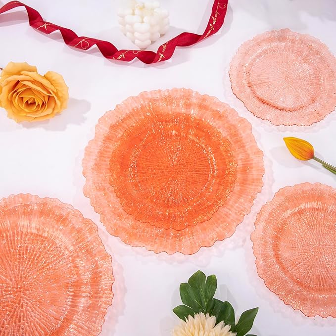 U-QE 60PCS Clear Orange Plates - Reef Orange Plastic Plates Disposable&Reusable - Heavy Duty Plastic Plate Including 30 Dinner Plate 10" & 30 Dessert 7" Perfect for Party
