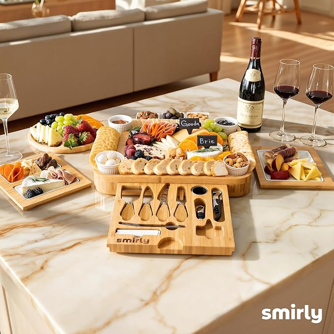 SMIRLY Charcuterie Boards Set - Large Bamboo Cheese Board Set - House Warming Gifts New Home, Wedding Gift for Ce, Bridal Shower Gift, Birthday Gifts for Women