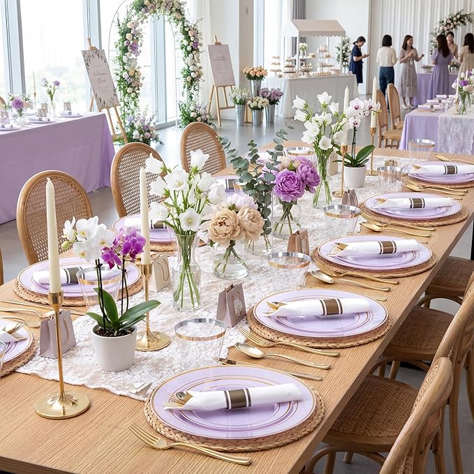 175PCS Purple Plates Disposable - Lavender Plastic Plates 25Guests Plastic Dinnerware with Rolled Napkins for Birthday/Spring/Baby Shower/Easter