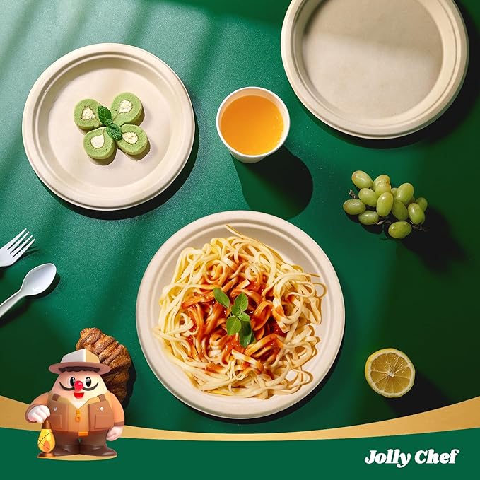 JOLLY CHEF Compostable Heavy Duty Plates 𝟳 𝗶𝗻𝗰𝗵 𝗮𝗻𝗱 𝟵 𝗶𝗻𝗰𝗵 [𝟭𝟮𝟬 𝗣𝗮𝗰𝗸] Eco-Friendly Disposable Paper Plates Bagasse Biodegradable Sugarcane for Party Hot Cold Foods Christmas(Brown)