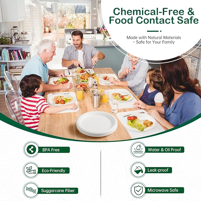 9 Inch 128 Pack Compostable Disposable Paper Plates, Dinner Plates, Heavy Duty Sugarcane Bagasse, Biodegradable Eco-Friendly, Soak Proof & Cut Resistant, Unbleached White