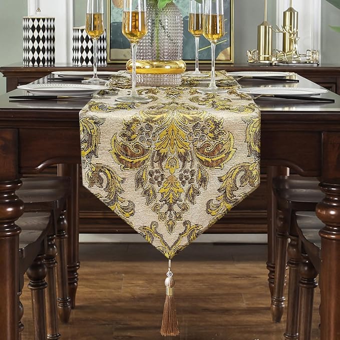 Vintage Table Runner European Jacquard Luxury Thick Chenille Beige 13x98 | - Image 7