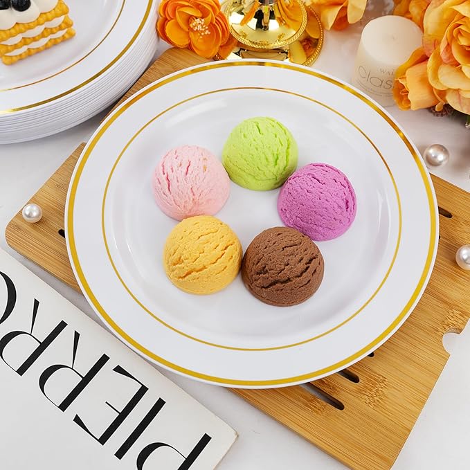 bUCLA 30PCS White and Gold Plastic Dinner Plates Disposable - 10.25inch Premium White Gold Rim Plates, Ideal for Wedding & Party