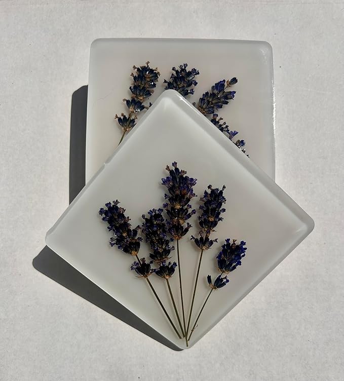 Handcrafted Pressed Lavender Resin Coasters White with Cork Base, Decorative Table Protection (4, Square)