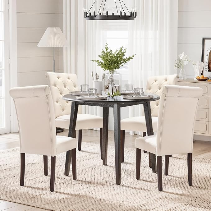 COLAMY Tufted Dining Chairs Set of 6, Accent Parsons Diner Chair Upholstered Fabric Stylish Kitchen Chairs with Solid Wood Legs, Beige