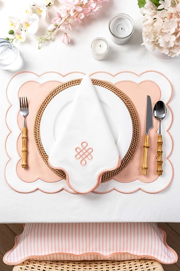 Hofdeco Premium Coastal Patio Indoor Outdoor Placemat Set of 4, 14"x19" Double-Layered, Waterproof Cloth Placemat for Kitchen or Dining Table. Blush Pink Embroidered Solid B