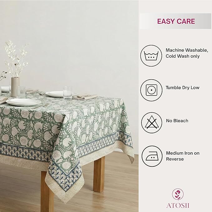 ATOSII Jade 100% Cotton Rectangle Summer Tablecloth, Block Print Floral Table Cloth Linen for Dining, Parties, Weddings, Outdoors I Grand Millennial Decor 60 X 108 Inches I 8 Seater I Memorial Day
