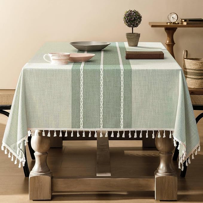 ZeeMart Contrast Linen Table Cloth Rectangle Table Cloths 60x84 Inch Green, Farmhouse Style Heavy Weight Sage Green Tablecloth, Water Resistant Burlap Tablecloths