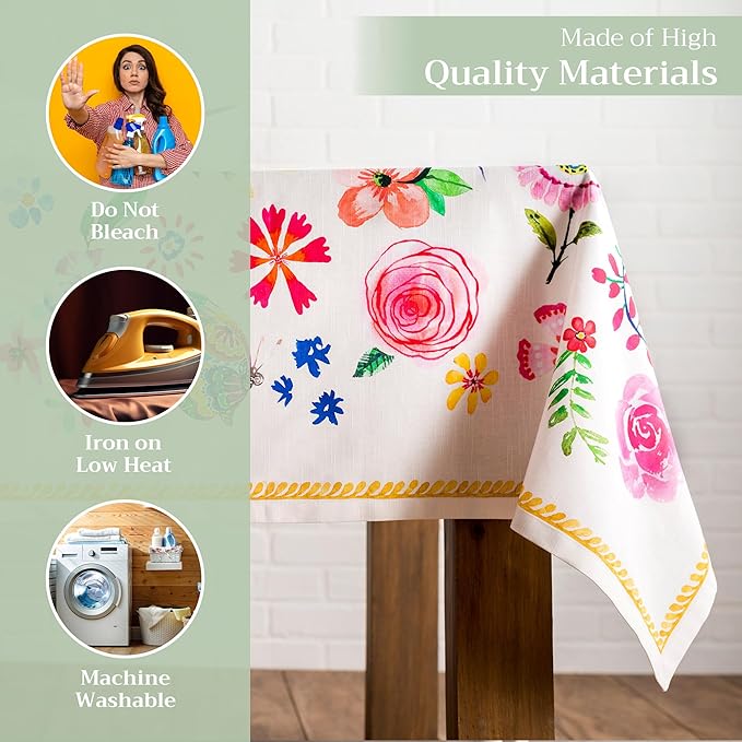 Maison d' Hermine Table Cloth Square Table 100% Cotton 60 x 60 Inches Tablecloth Reusable Decorative for Dining Room Farmhouse Home Valentines Day Decorations Spring Summer - Happy Florals - Sweety