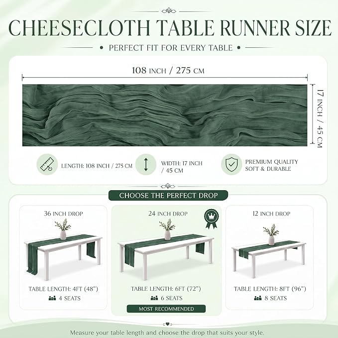 12 Pack Emerald Green Cheesecloth Table Runner 17x108 Inch Boho Rustic Semi - Image 3