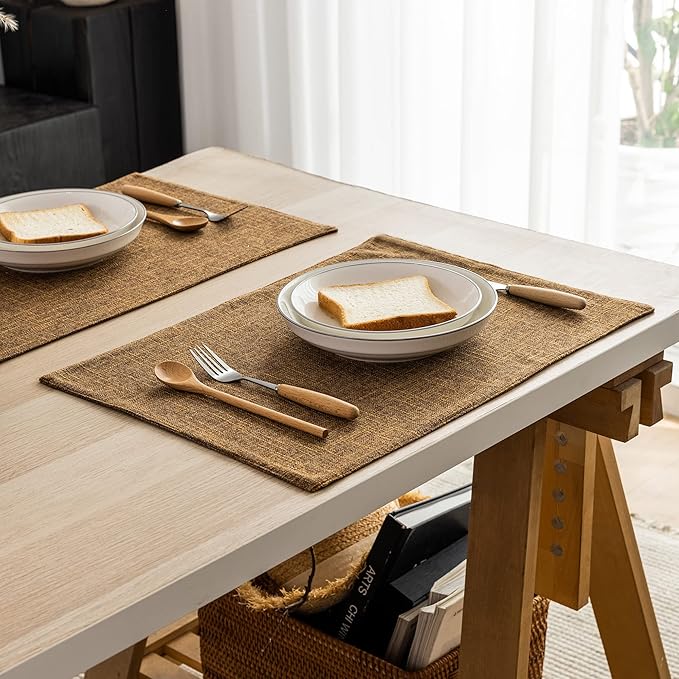 Kevin Textile Burlap Linen Placemats Set of 6 Heat Resistant Dining Table Place Mats Washable Kitchen Table Mats for Dinning Party Holiday Indoor Outdoor, 13 x19 inches, Hazel Brown