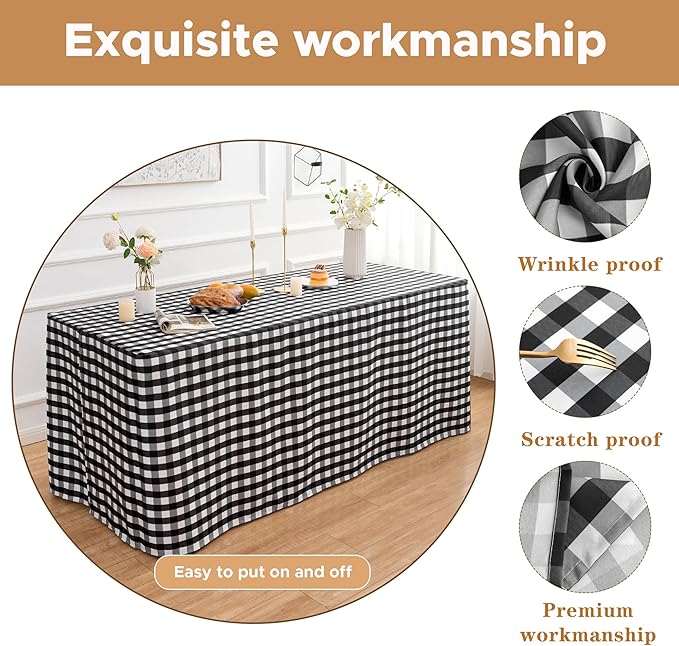 HolidayIdeas Checkered Fitted Table Covers for 8 Foot Tables - 96 x 30 Inch - 2 Pack Rectangle Table Clothes Buffalo Plaid Table Cover for Folding Table, Parties, Picnic, Trade Show (Black and White)