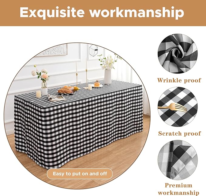 HolidayIdeas 2 Pack Checkered Fitted Tableclothes - 48 x 24 Inch - Rectangle Tablecloths for 4 Foot Tables, Buffalo Plaid Table Covers for Party, Picnic, Trade Show (Black and White)