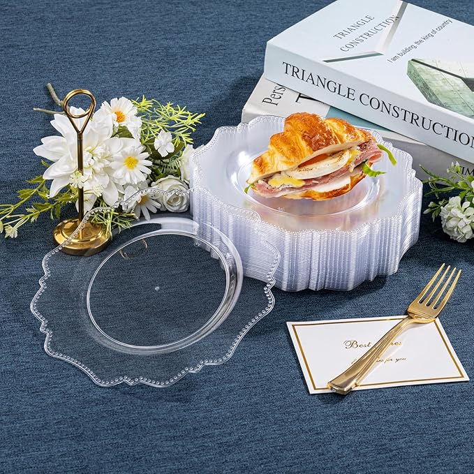 COLOSUS 60pcs 7.5 inch Clear Plastic Dessert Plates - Heavy Duty Plastic Appetizer Plates,Premium Disposable Salad Plate for Thanksgiving Wedding and Everyday Use