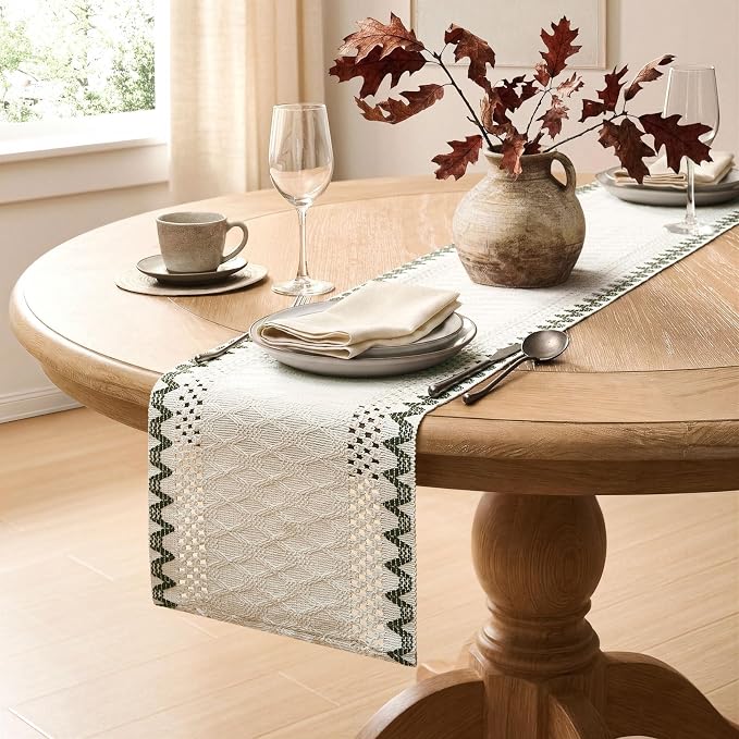 Macrame Side Trim Boho Woven Table Runner, Moss 12x90 Inch | Crochet Hollow - Image 5