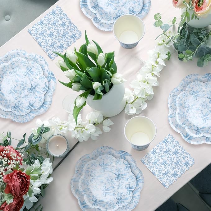 250 Pcs Blue Floral Disposable Paper Plates and Napkins | Bow Coquette - Image 5