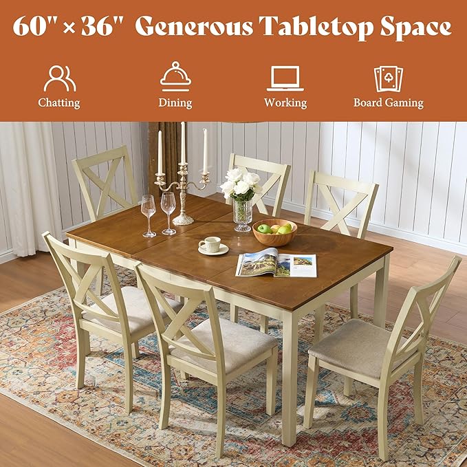 AMERLIFE 7-Piece Farmhouse Solid Wood Dining Table Set with 6 Upholstered Chairs, 60" Space Saving Dinner Table & Chairs Set, for Dining Room, Kitchen, Restaurant, Rustic Cream