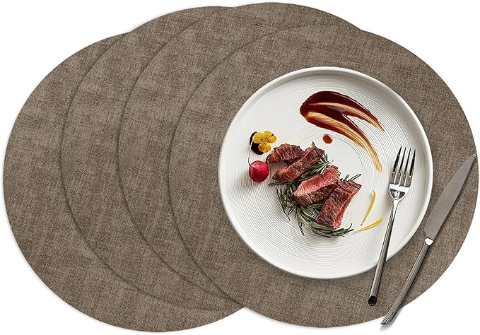 15 inch Faux Leather Round Placemats Set of 4 Non-Slip Washable Wipeable Table Mats, Heat Resistant Waterproof Oilproof Dark Coffee Place Mats for Kitchen, Dining, Party, Indoor, Outdoor