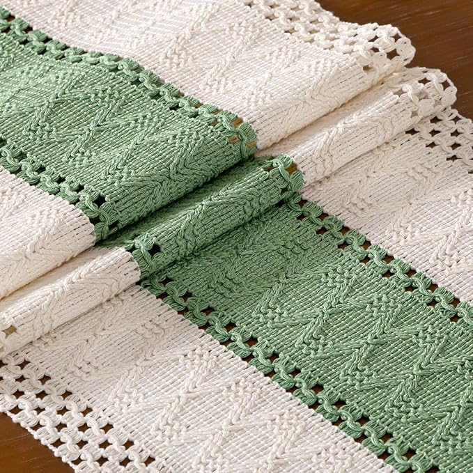 DeZerlor Ivory&Sage Green Boho Macrame Farmhouse Woven Table Runner 108In | - Image 7