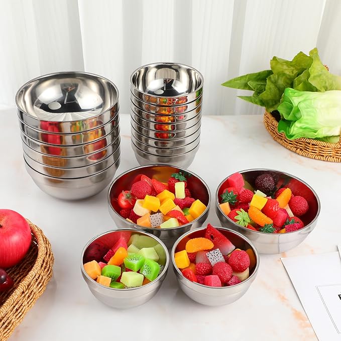 Mimorou 20 Pack 304 Stainless Steel Bowls Set 13oz 20oz Metal Double Walled Insulated Snack Mixing Lightweight Multipurpose Toddler Dinner Bowls for Ice Cream, Cereal, Snack