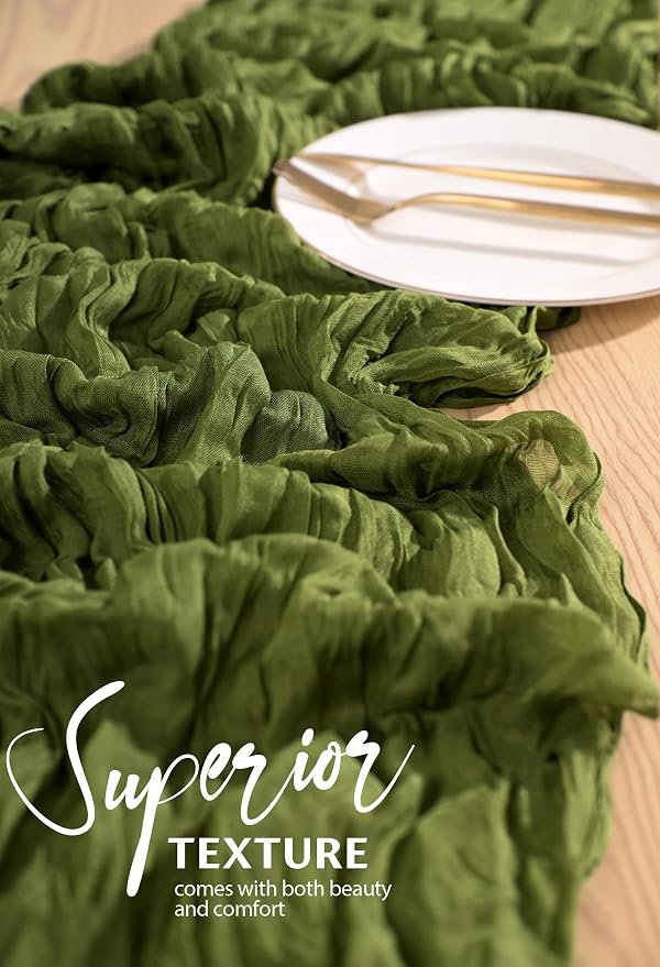 Showgeous 2 Pack Olive Green Cheesecloth Table Runners Boho Wedding Decor | - Image 4