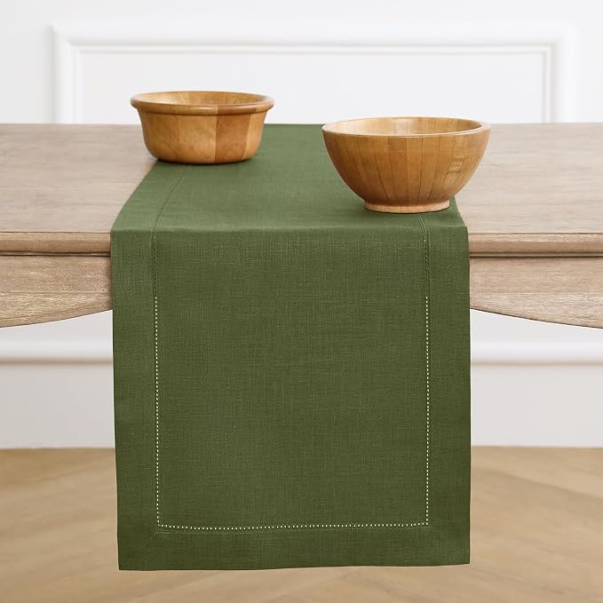 Solino Home 100% Linen Table Runner Olive, Classic Hemstitch 14 x 108 in | by SolinoHome
