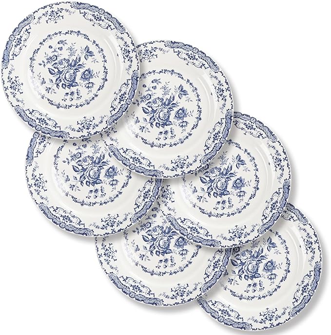 Salad Plates, Ceramic Plates Set of 6, Kitchen Plates Microwave Safe, 8.5 Inch White Plate Dessert Blue Floral
