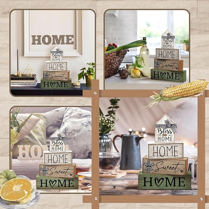 Moucuny 4 Pcs Wooden Farmhouse Table Decor Rustic Home Sweet Home Stacked - Image 5