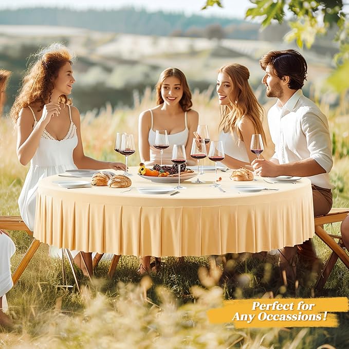 2 Pack Champagne Spandex Round Tablecloths for 60 inch Tables, Stretchy Fitted 5FT Round Table Cloths with Skirt for Wedding Party Dining Banquet
