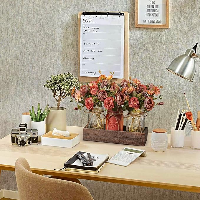 3 Pcs Mason Jar Centerpiece Table Decorations for Dining Table Decor Farmhouse Coffee Table Decor with Wood Tray and Led Light Table Centerpieces for Dining room Kitchen Living Bathroom,Orange