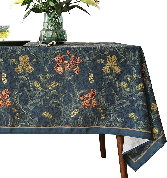 patdrea Designer Vintage Dark Blue Linen Rectangle Tablecloth,French Rustic Floral Pattern Tablecloths,Decorative Table Cover Cloth for Kitchen,Dining,Tea Party,Home,Christmas,63"*94"