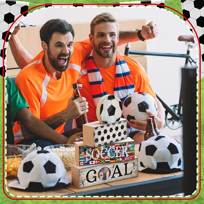 Moucuny 4 Pcs Soccer Table Decor Wooden Sport Tiered Tray Decor National Flags - Image 7